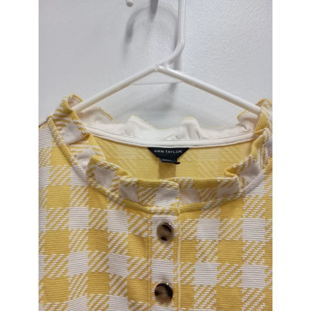 Ann Taylor Womens Preppy Top Size XL White Yellow‎ Plaid Ruffle Neck Sleeveless